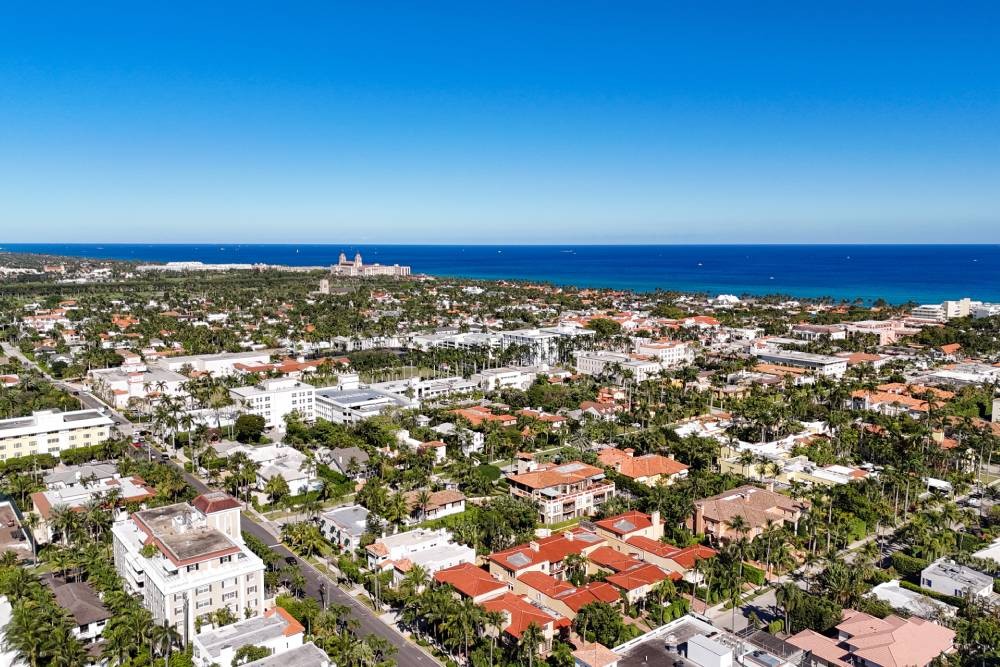 An aerial photo of a portion of Palm Beach County, FL, with clear, blue skies