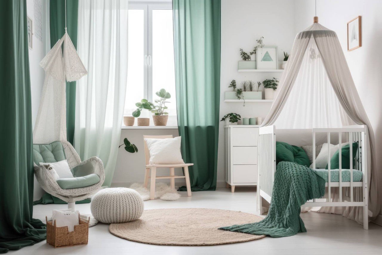 Nursery in a green and white color scheme featuring flowing drapery near Boynton Beach, FL