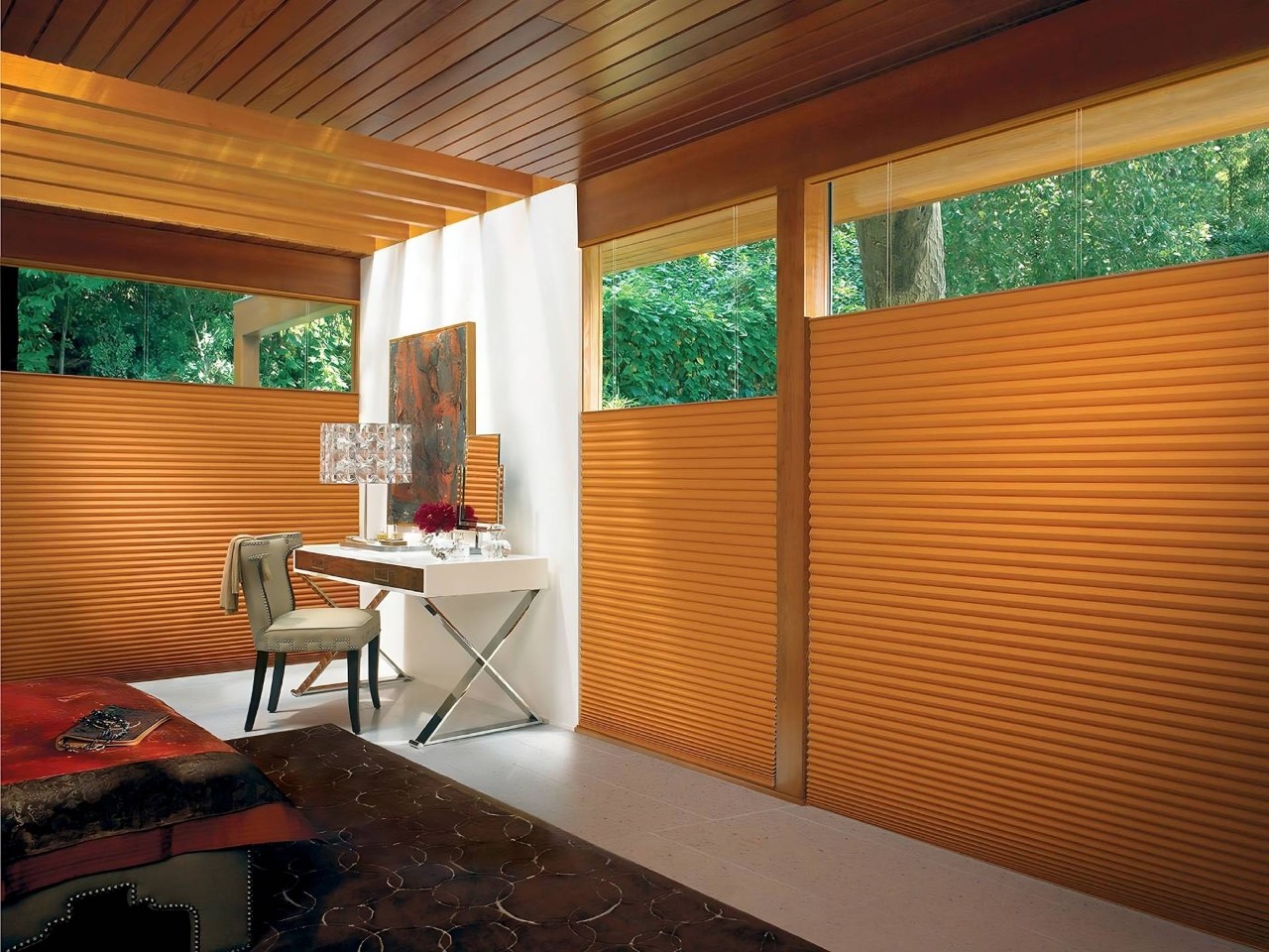 Hunter Douglas Duette® Honeycomb Shades with a simple wooden cornice near Boynton Beach, FL