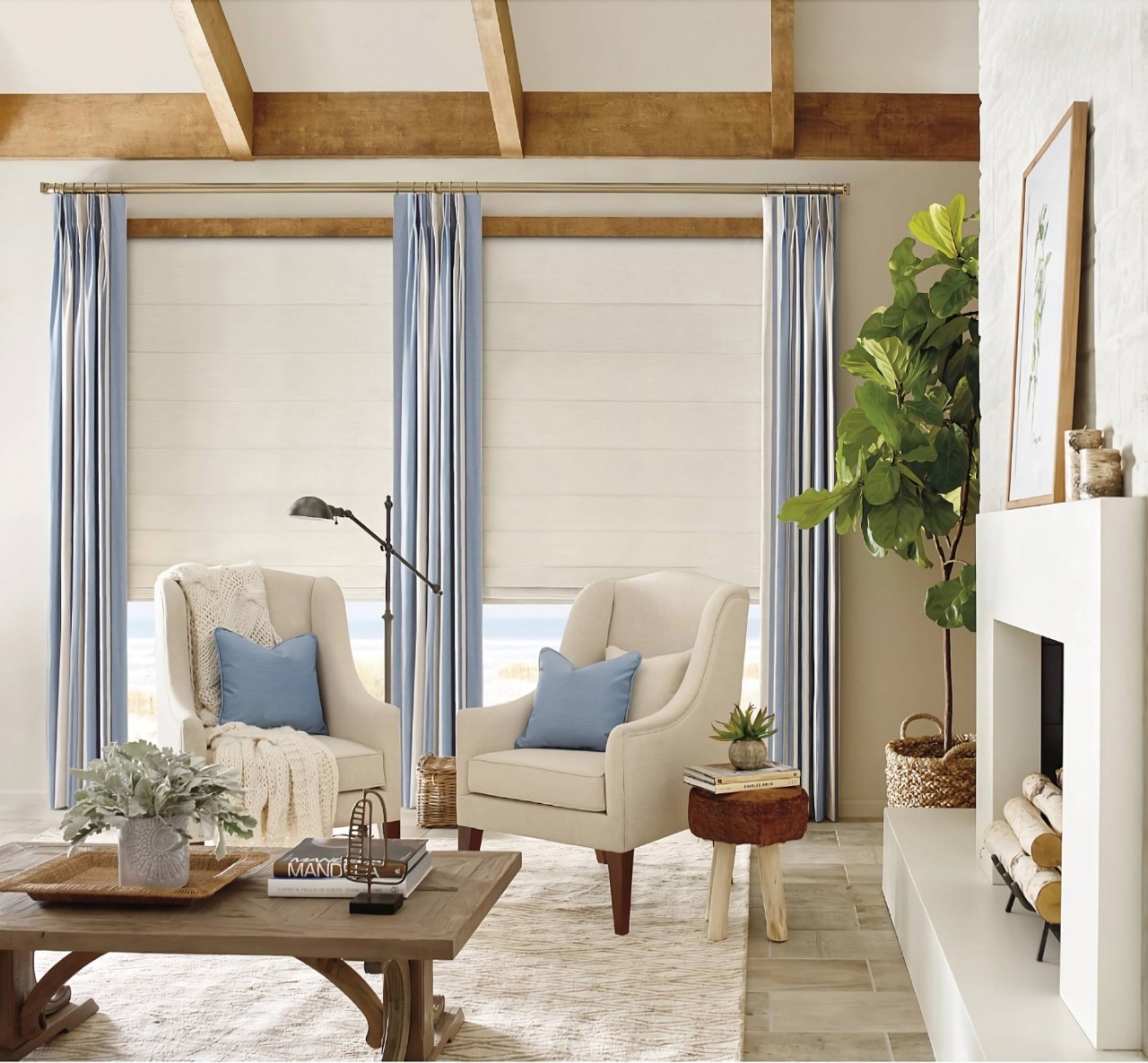 Hunter Douglas Alustra® Woven Textures® Roman Shades on large windows in a modern living room at Enhancement Window Design near Boynton Beach, FL