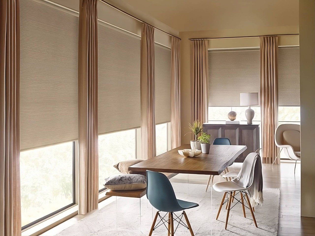 Hunter Douglas Designer Solar Shades on several tall windows in a taupe-themed dining room at Enhancement Window Design near Boynton Beach, (FL)
