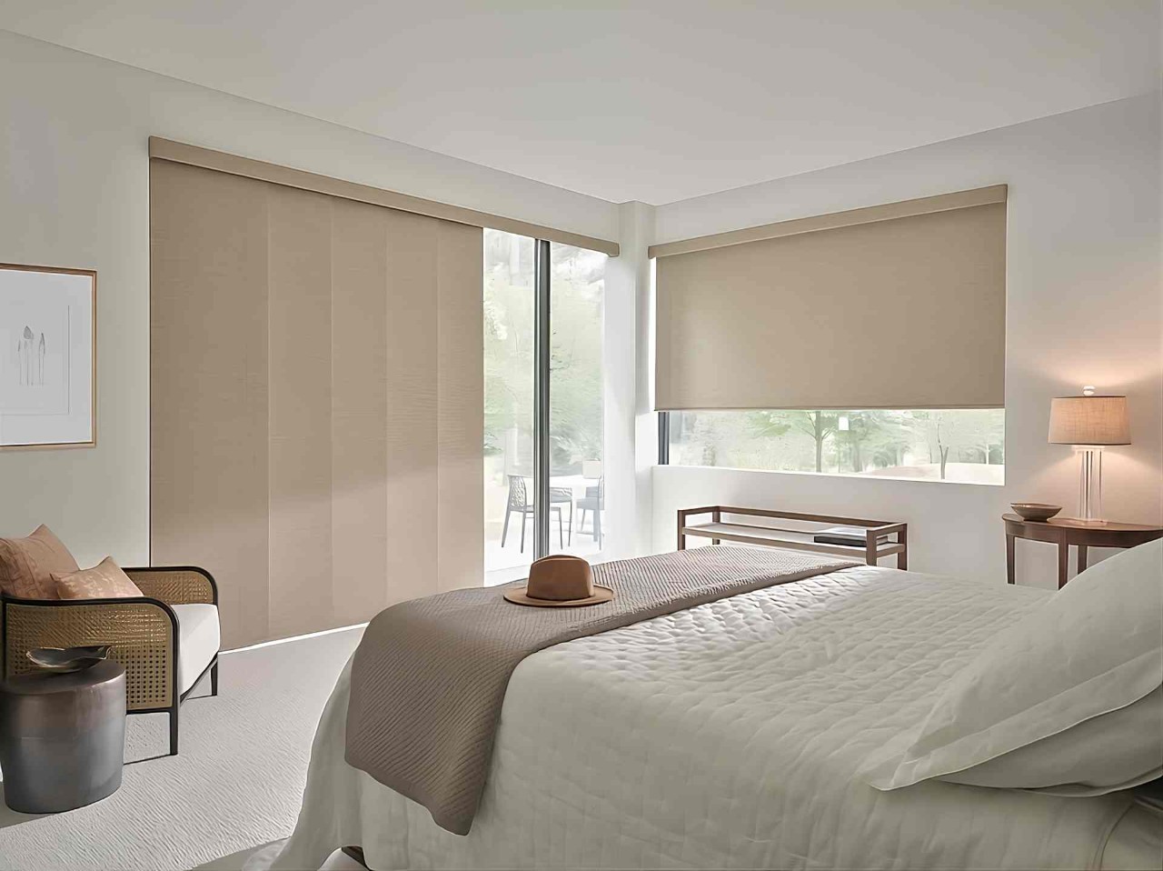 Hunter Douglas Designer Roller Shades on a large window and sliding door in a chic bedroom at Enhancement Window Design near Boynton Beach, (FL)
