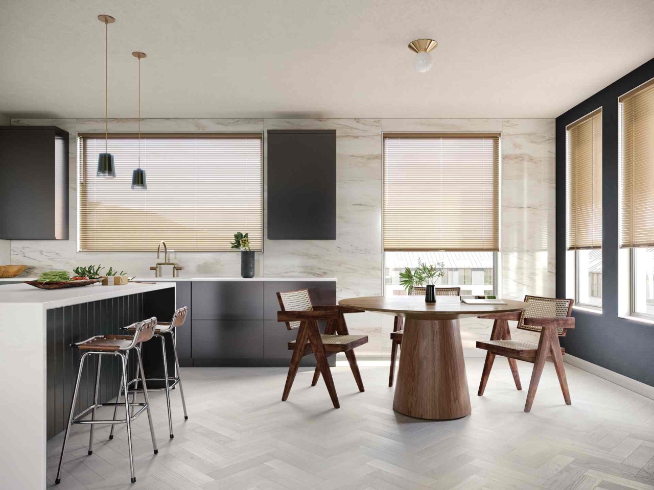 Hunter Douglas Modern Precious Metals® Mini Blinds as contemporary window treatments in a trendy-styled kitchen at Enhancement Window Design near Boynton Beach, (FL)